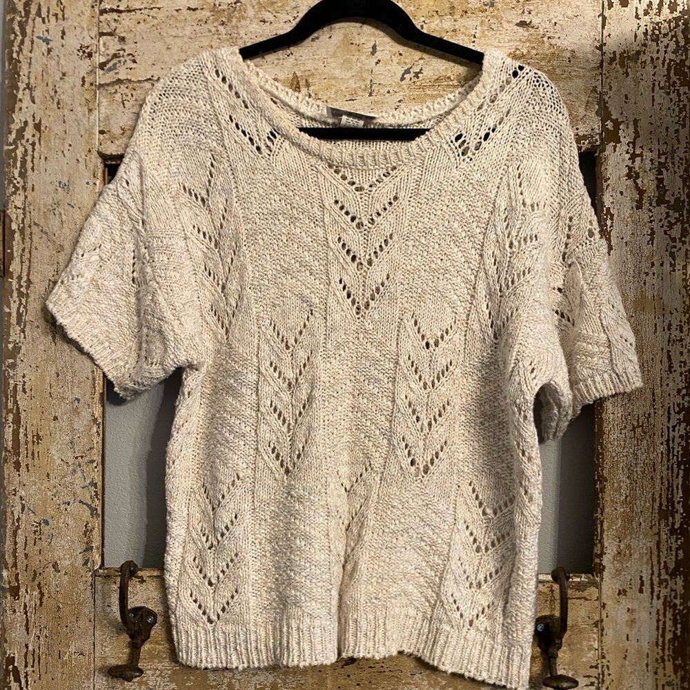 Vintage Knit Maven Light Cream Short-Sleeve Open-Knit Sweater, Size L